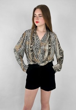 80's Vintage Mazai Animal Print Gold Long Sleeve Blouse Top