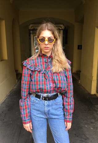 VINTAGE 80' AMAZING CHECKERED BLOUSE WITH A COLLAR BOW