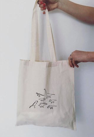 TOTE BAG IN NATURAL WITH DINOSAUR EMBROIDERY