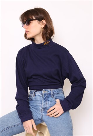 VINTAGE 90S NAVY EMBROIDERED POLO HIGH TURTLE NECK TOP