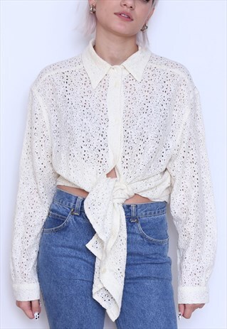 VINTAGE 90S WHITE LACE OVERSIZED BLOUSE SHIRT
