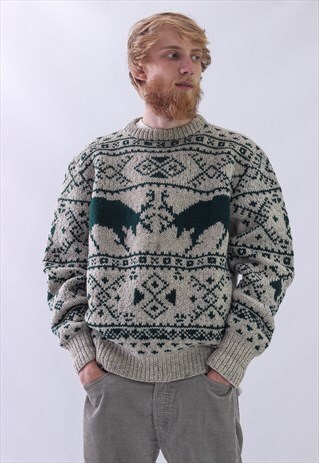 VINTAGE MENS RALPH LAUREN WOOL HAND KNIT HEAVY SWEATER