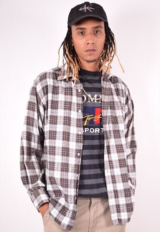 MENS VINTAGE FLANNEL SHIRT XL GREY CHECK 90S