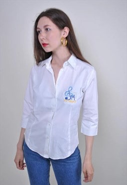 Note embroidery white short sleeve summer blouse, Size M