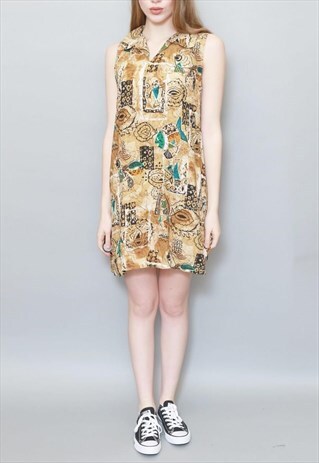 VINTAGE 1990'S BROWN/BEIGE PRINT HIPPY MINI DRESS