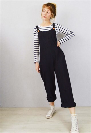 Full Length Cotton Dungarees Relaxed Fit Black 