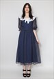 70'S VINTAGE LADIES DRESS BLUE SHEER WHITE POLKA DOT MAXI