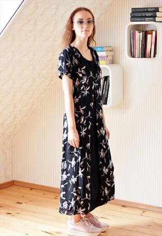 Black floral vintage midi dress with belt