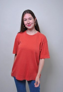 Vintage women tshirt, 90s orange minimalist ribbed tee