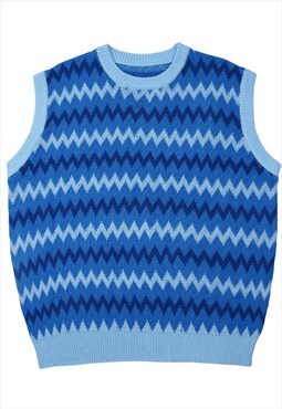 Zigzag sleeveless sweater stripe pattern sleeveless top blue