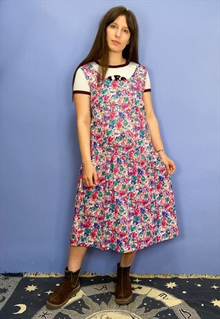 VINTAGE 80'S FLORAL BRIGHT MIDI DRESS
