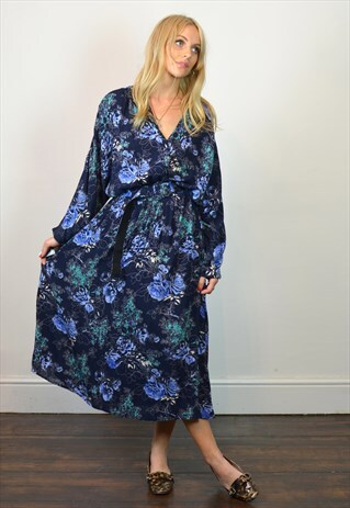VINTAGE NAVY BLUE FLORAL LONG SLEEVE MIDI DRESS