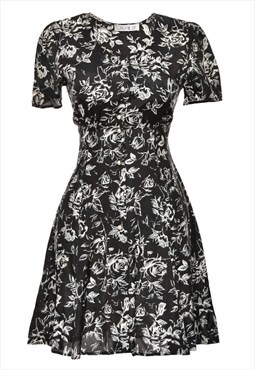 Vintage Button Front Black Floral Dress - M