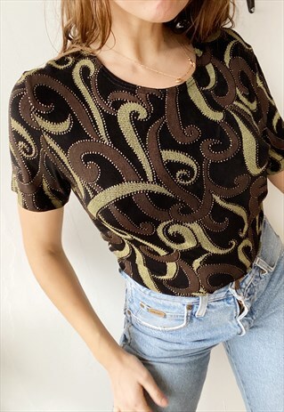 VINTAGE Y2K 00S SEXY ART NOUVEAU GLITTER PRINT BLOUSE TOP