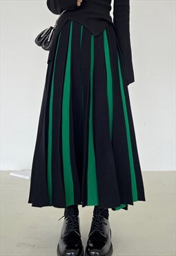 Black Green Pleated A line midi skirt 