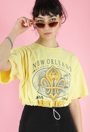 VINTAGE 90S REWORKED CROP TOP IN YELLOW W NEW ORLEANS PRINT