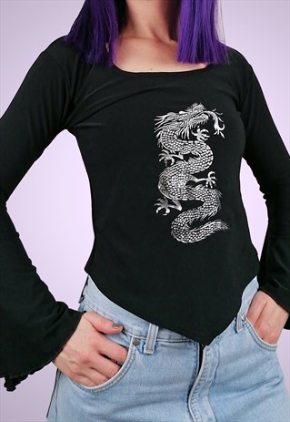 Y2K SILVER DRAGON PRINT TOP FLARED BELL SLEEVES WHIMSY GOTH