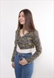 90S ABSTRACT PRINT CROP BLOUSE VINTAGE BROWN LONG SLEEVE TOP