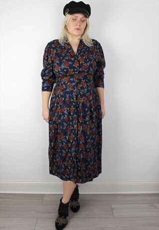 VINTAGE 1980'S NAVY FLORAL MIDI LONG SLEEVE DRESS 14 16