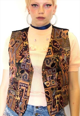 VINTAGE 70S BOHO FESTIVAL ORANGE RED EMBROIDERED WAISTCOAT
