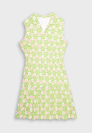 PINK GREEN FLORAL PATTERNED '60S/70S MIDI DRESS