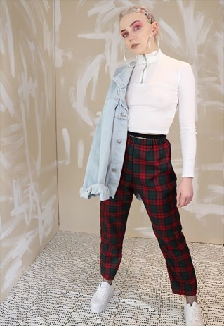 HIGH WAIST TARTAN CHECK TROUSERS IN MAROON