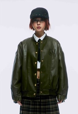 Faux leather varsity jacket retro wash PU bomber in green