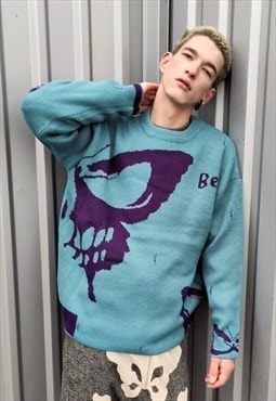 Butterfly knitwear sweater ripped skull jumper in turquois