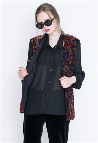 VINTAGE BLACK MULTI FLORAL VELVET SEE THROUGH RETRO SHIRT