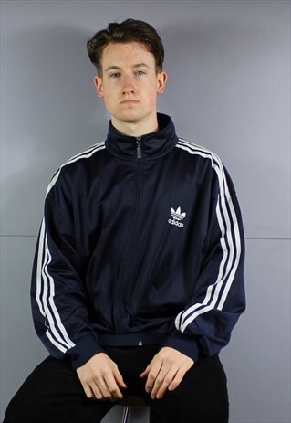 VINTAGE ADIDAS TRACK JACKET WINDBREAKER IN NAVY BLUE WITH EM