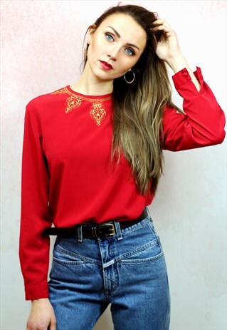 1980S VINTAGE RED LONG SLEEVE SILKY GOLD EMBROIDERED BLOUSE