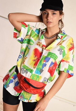 90'S RETRO ABSTRACT PRINT FESTIVAL OVERSIZED SHIRT BLOUSE