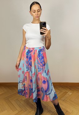 Vintage Colorful Semi-Sheer Pleated Midi Skirt