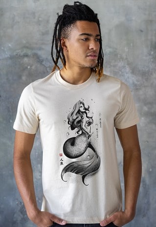 JAPANESE MERMAID T SHIRT JAPAN CALLIGRAPHY MENS IVORY TEE