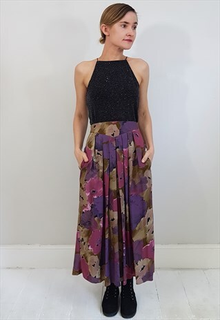 VINTAGE 80'S PURPLE AND DEEP PINK PATTERNED MIDI SKIRT