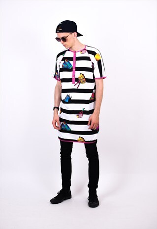 VINTAGE 80S COLOURFUL STRIPED 1/4 BUTTON LONG T-SHIRT