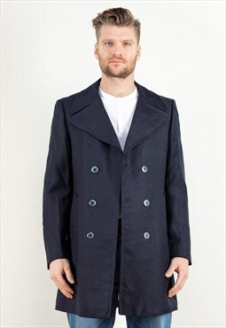 Vintage 90's Casual Mens Wool Coat in Navy Blue