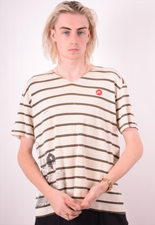 NIKE MENS VINTAGE T-SHIRT TOP MEDIUM BEIGE STRIPES 90S