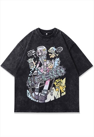 JAPANESE CARTOON T-SHIRT GRUNGE ANIME TEE RETRO TOP IN GREY