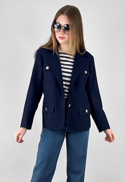 70's Vintage Blue Wool Ladies Long Sleeve Blazer Jacket 