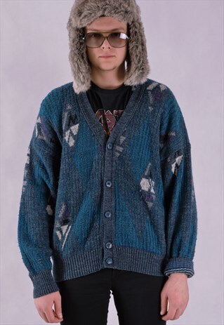 VINTAGE 1990S MENS KNIT ABSTRACT PATTERN CARDIGAN