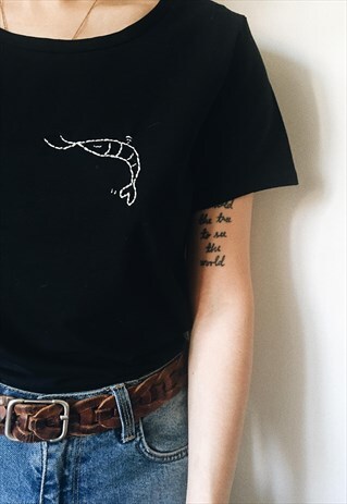 COOL SHRIMP HAND EMBROIDERY ON COTTON BLACK T-SHIRT