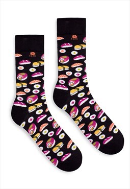 Mens funny dress suit socks with colourful fancy Sushi food