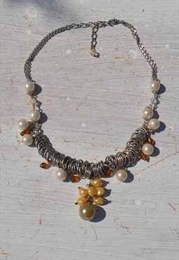 Deadstock silver cream/beige pearl beaded chain necklace