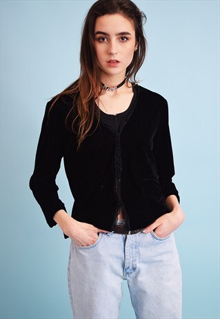 90'S RETRO VELVETEEN BLACK MOMS TOP BLOUSE