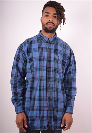 L.L.BEAN MENS VINTAGE FLANNEL SHIRT XL BLUE CHECK 90S
