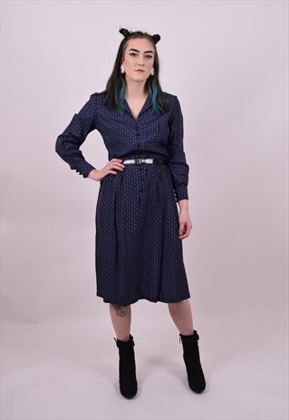 VINTAGE 70'S BLUE FLOWER PRINT PREPPY UNI DRESS SIZE 10 12