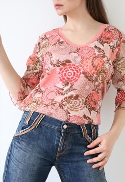 Y2k Graphic Mesh Top Vintage Floral Top Pink Red Brown