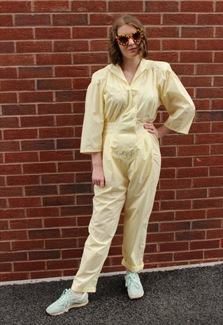 VINTAGE 80S PASTEL YELLOW WHITE NAVY STYLE SUMMER JUMPSUIT