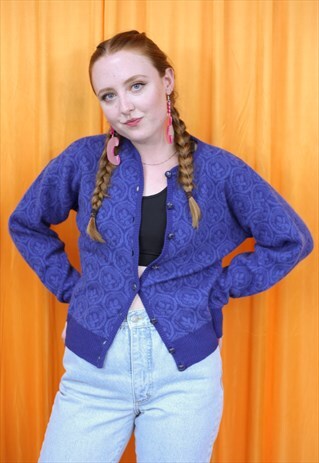VINTAGE 90S CARDIGAN BLUE KNITTED FLORAL GEOMETRIC WOOL